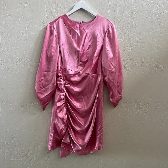 Cinq a Sept Barbie Pink Ruched Satin Mini Cocktail Dress - Picture 3 of 6